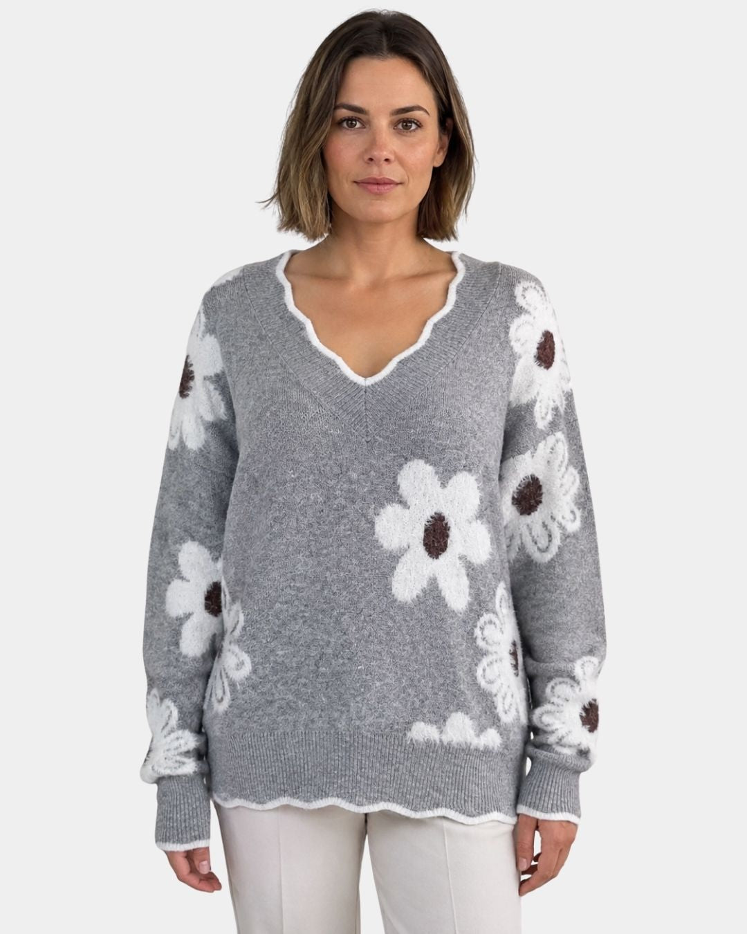 PAULA | TRICOT FLORAL ÉLÉGANT AVEC COL EN V