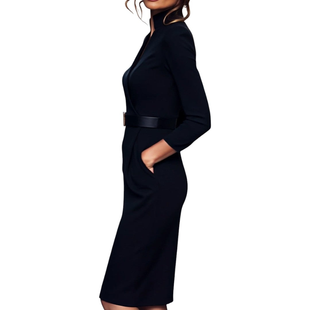 Marina | Vestido negro refinado con cinturón y cuello mandarín
