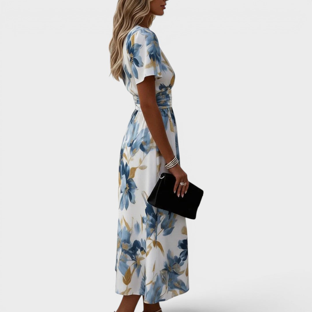Éléa | Robe Midi Portefeuille Fleurie Dorée