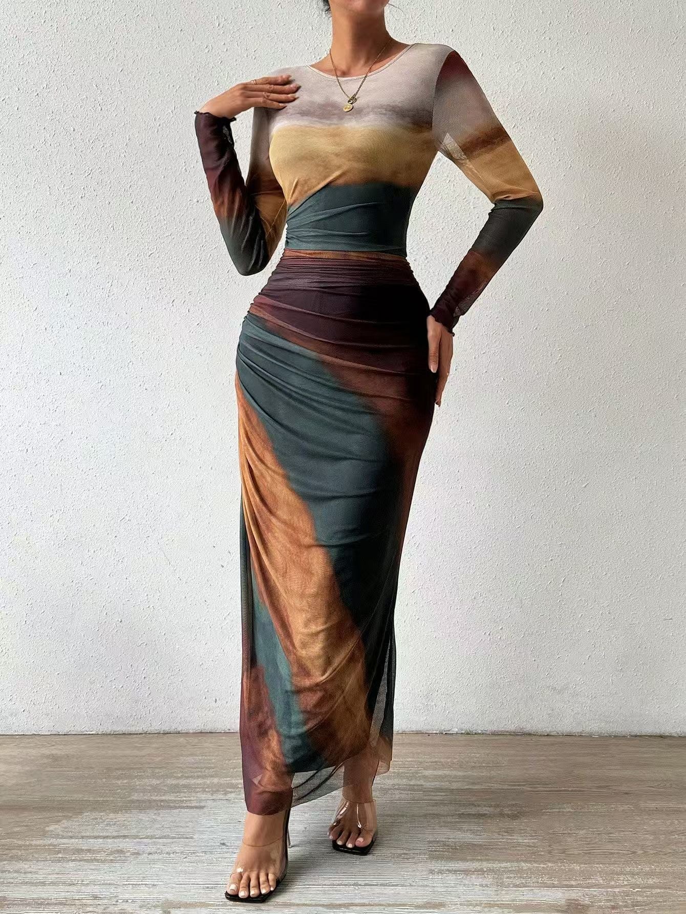 Natalia | Vestido Maxi Bodycon de Manga Larga Impreso y Cómodo